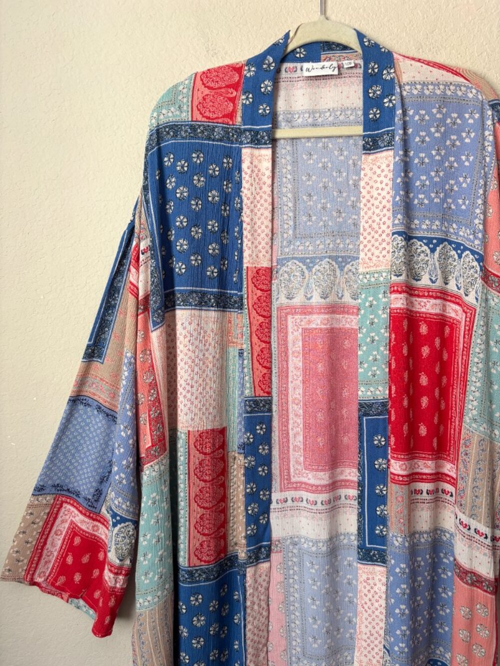Wonderly L/XL Boho Patchwork Printed Longline Open Front Kimono Duster - Picture 3 of 10